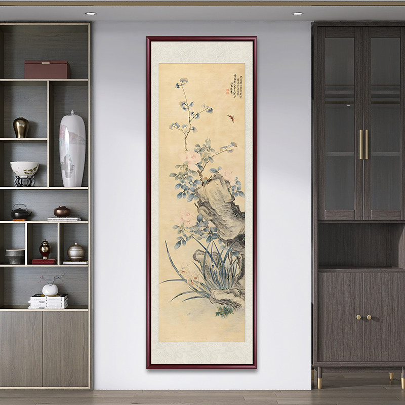 国画兰石图仿古字画玄关装饰画新中式客厅茶室背景墙风景竖款壁画