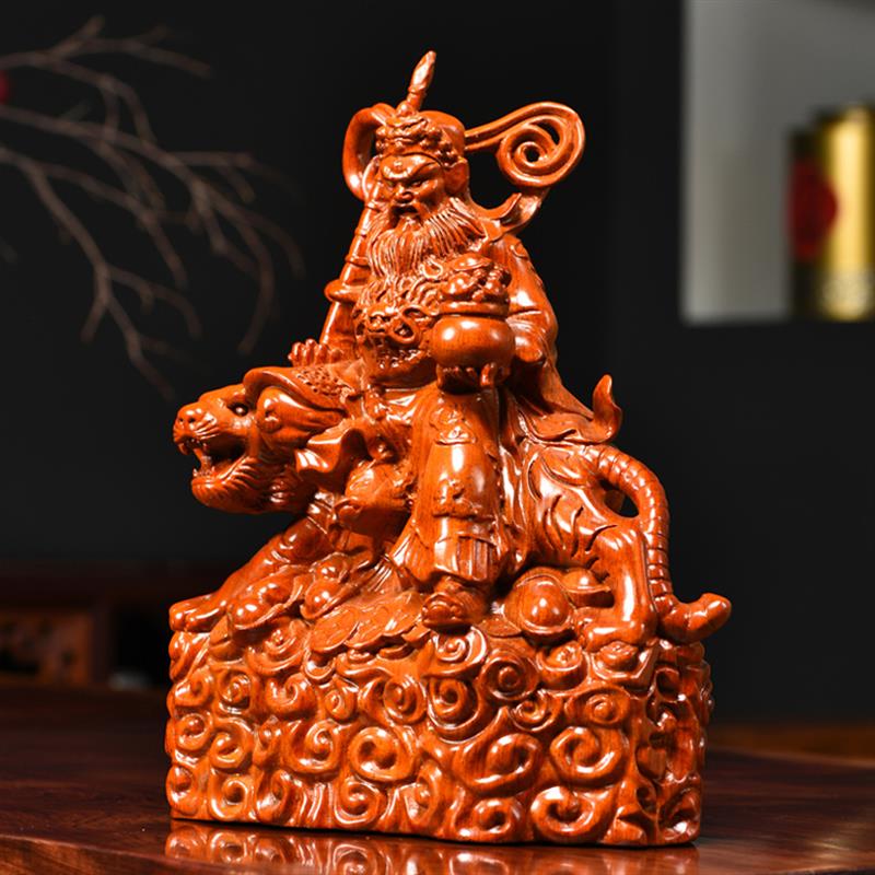 花梨木雕刻骑虎赵公明神像摆件武财神家居公司装饰开业送礼工艺品