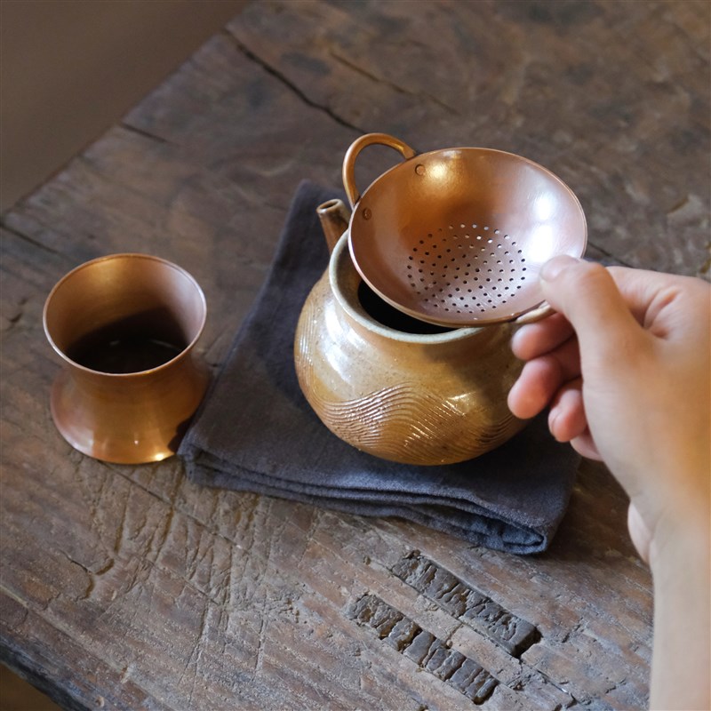 紫铜双耳小锅子茶滤 手工纯铜烤色茶漏茶滤架茶道创意可爱小摆件