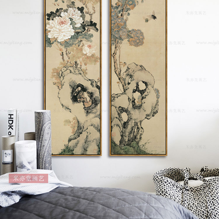 米亦堂x居廉 花鸟四条屏新中式禅意凌霄绣球紫薇牡丹花玄关挂画