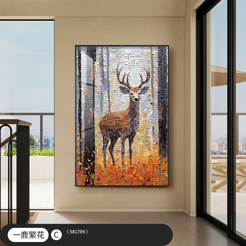 大芬村油画玄关装饰画高级感奶油风客厅落地画福鹿沙发背景墙挂画