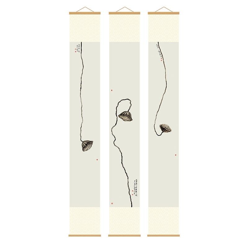 竹帘子竹片卷轴挂画禅意莲蓬玄关墙壁画客厅装饰画茶室书房长条画