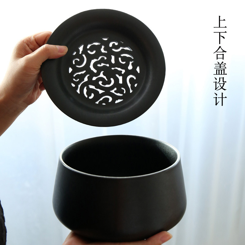 茶艺茶洗带盖建水茶具配件家用禅意复古黑陶瓷茶盆茶盂水盂茶渣缸