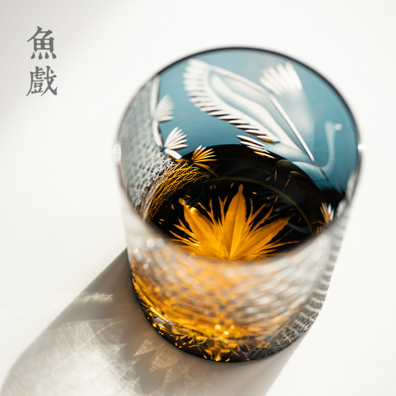 日式江户切子水晶玻璃杯水杯手工创意松鹤高颜值威士忌酒杯主人杯