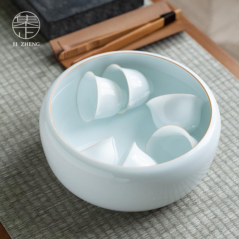 集正 甜白瓷大号茶洗茶道杯洗陶瓷水洗茶杯收纳碗水盂茶具配件