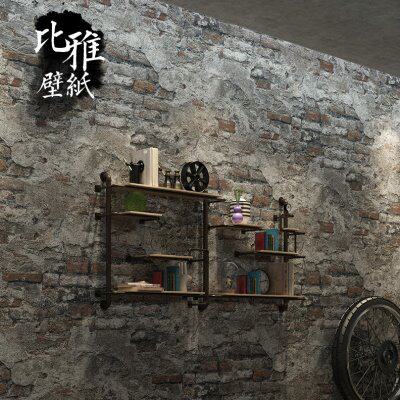 复古水泥灰色砖块砖头砖纹墙纸工业风叙利亚风格餐厅壁纸店铺装修