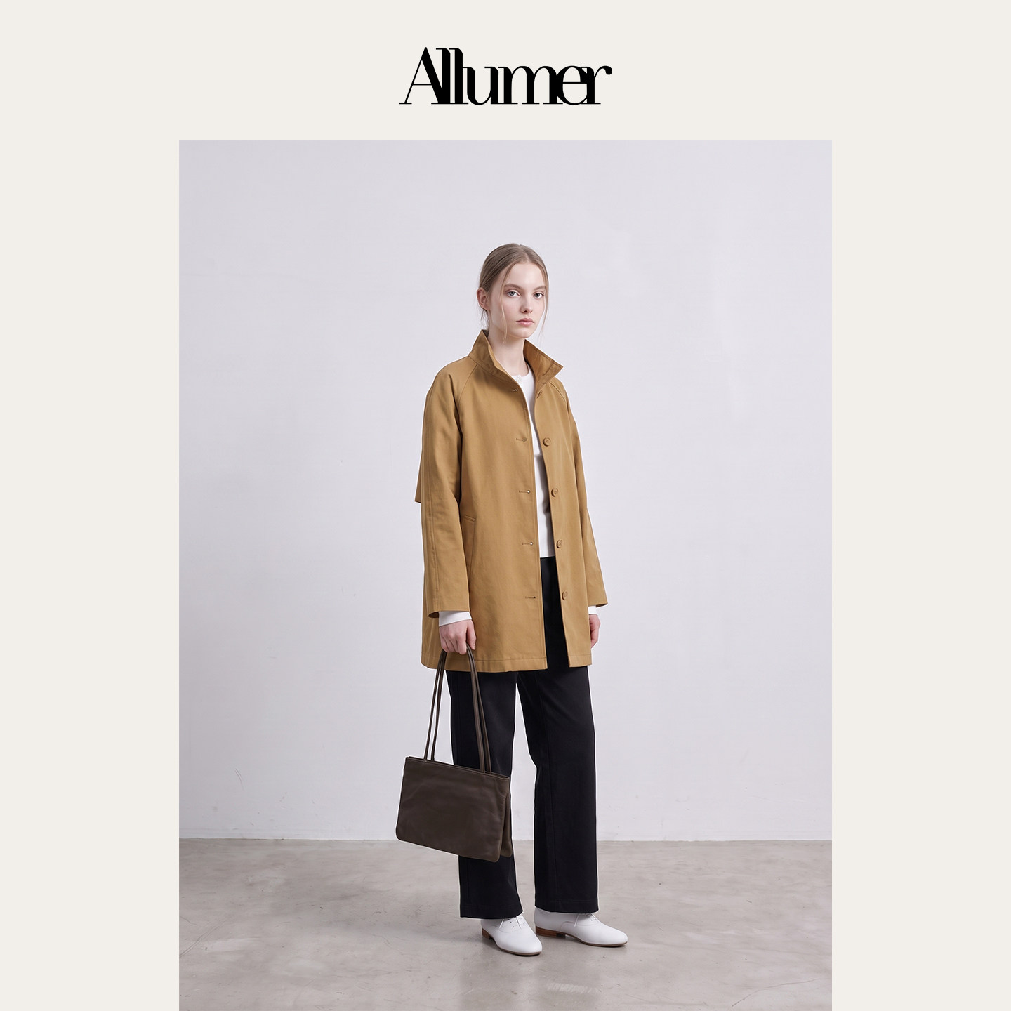 ALLUMER26年秋外套气质休闲百搭中长款立领工装风衣