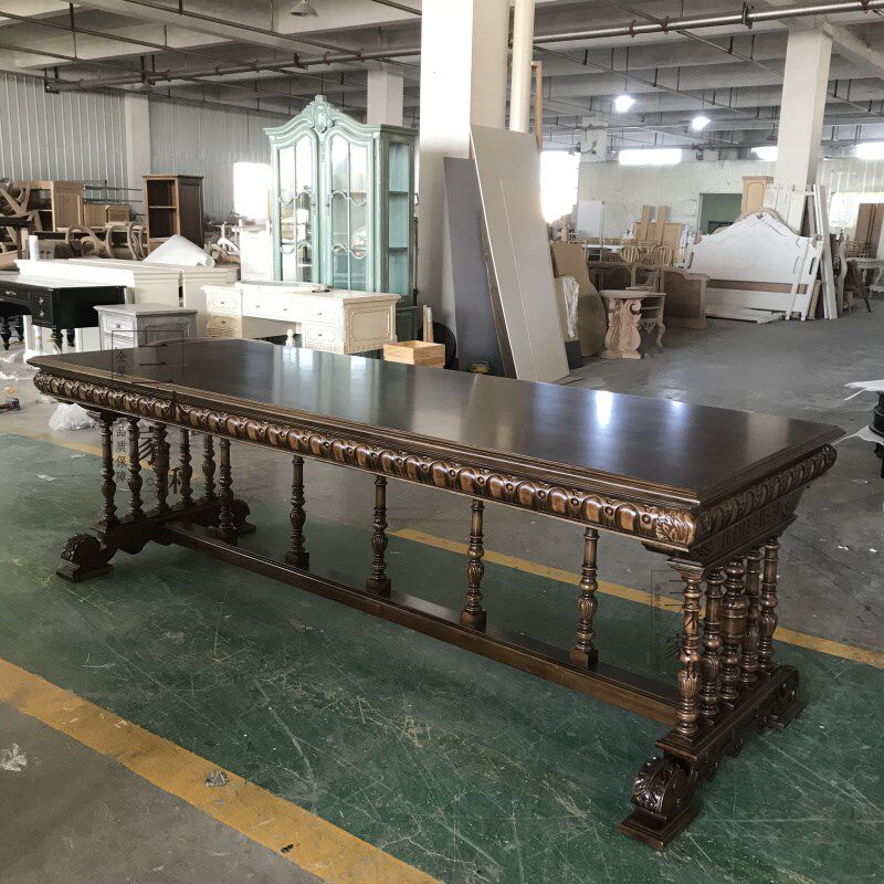 法式复古餐桌组合家具雕花餐厅长桌做旧色实木宴会桌餐桌椅