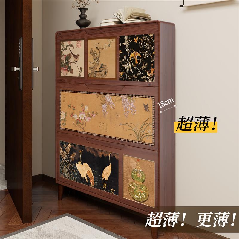 中古风入户实木鞋柜家用门口多层薄款玄关收纳柜一体靠墙翻斗超薄