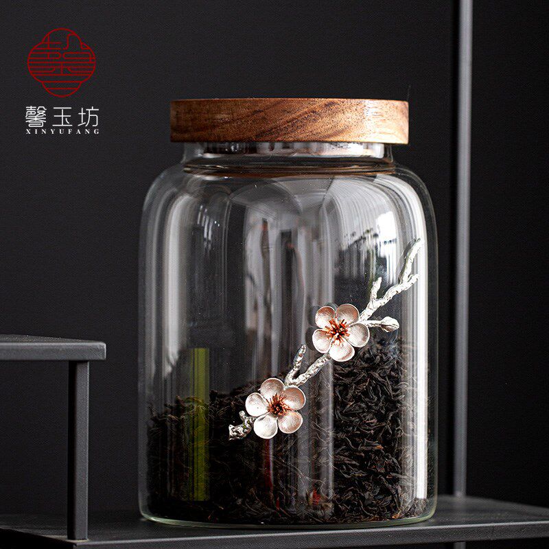 高档大容量锡花透明玻璃茶叶罐大号陈皮密封储物罐储粮储茶罐