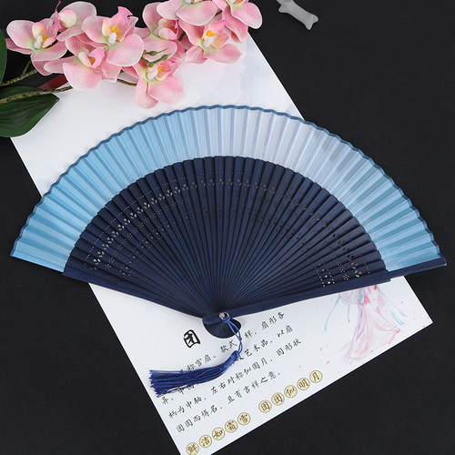丝艺堂古风折扇子中国风折叠女扇小古风便携渐变空白扇金色绿夏