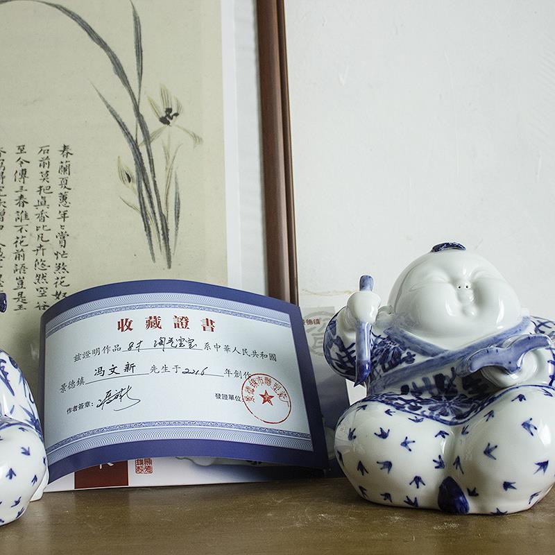 景德镇陶瓷公仔手工瓷器娃娃青花瓷中式人物工艺品礼品客厅摆件