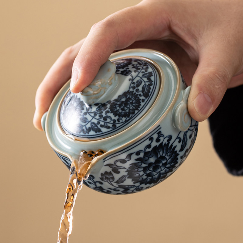 青花瓷茶壶单个盖碗手抓泡茶壶小号家用陶瓷不烫手功夫茶具泡茶器
