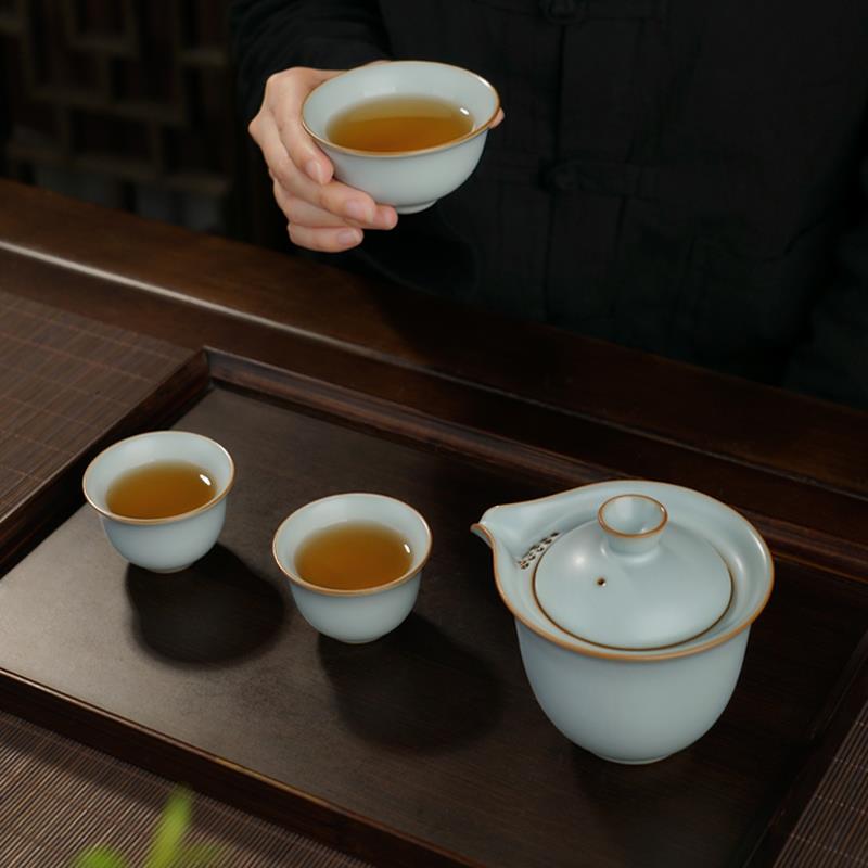 汝窑旅行茶具套装户外便携式茶具陶瓷手工知已快客杯景德镇手抓碗