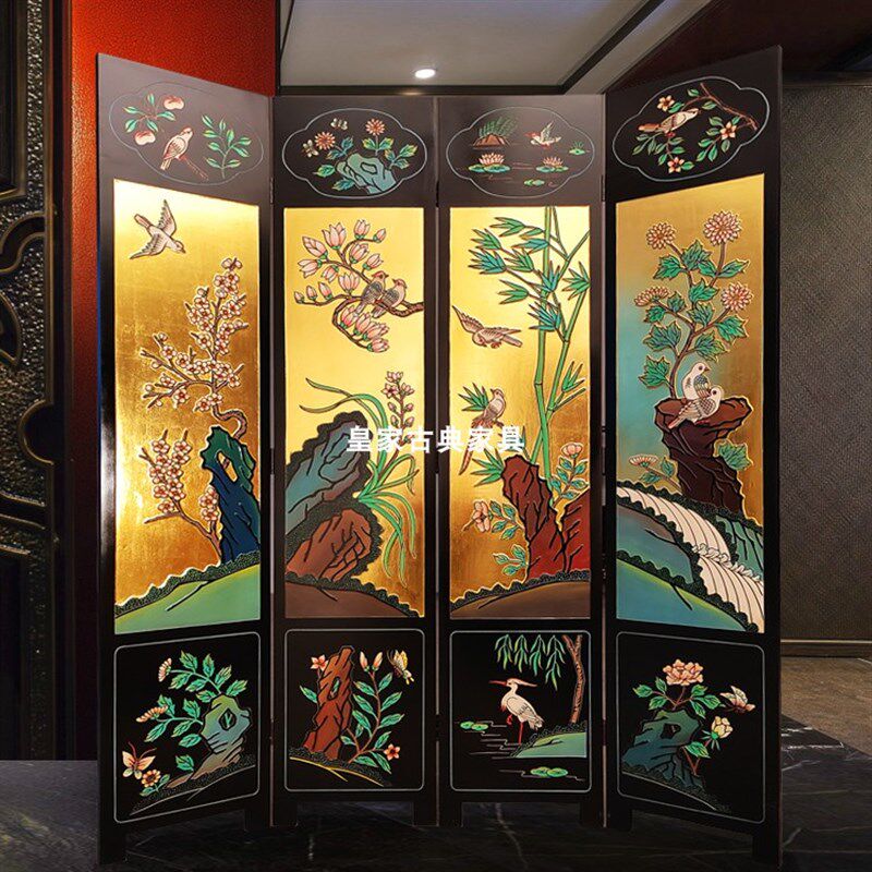 中式雕刻彩绘屏风手绘漆刻家具隔断玄关背景折叠酒店金箔移动隔屏