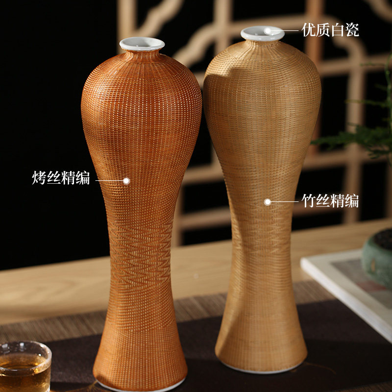 非遗手工瓷胎竹丝编精编茶室观赏摆件花瓶梅瓶茶桌花器送礼品轻奢