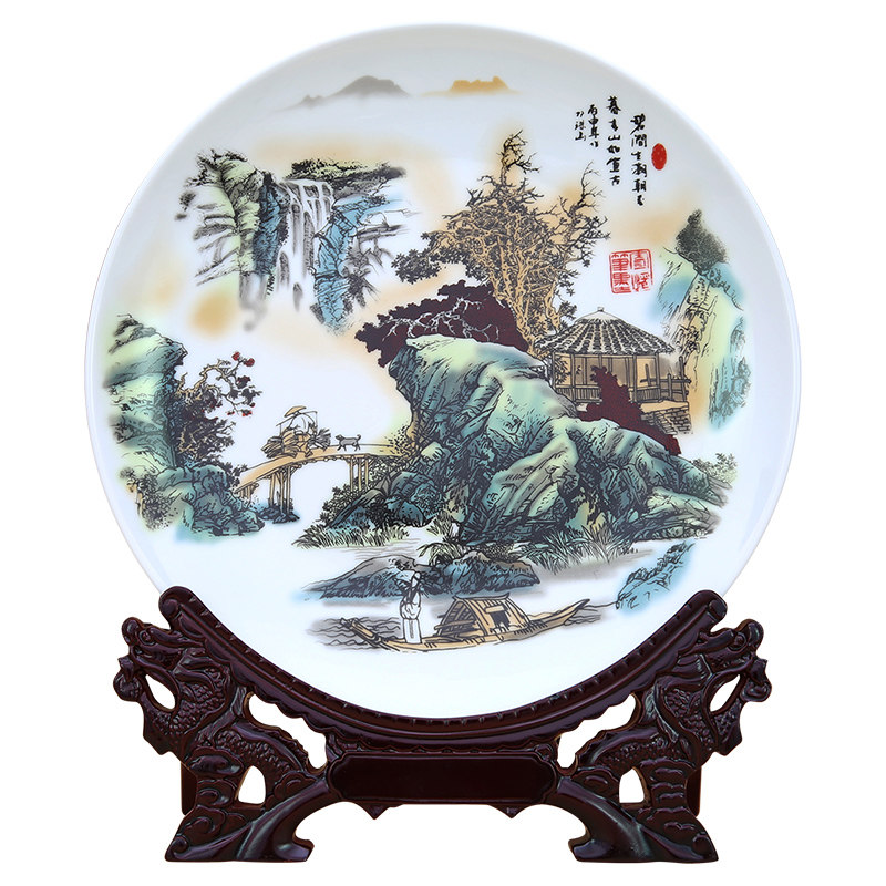 景德镇陶瓷盘粉彩山水摆件客厅装饰摆盘子挂盘玄关饰品墙定制图案
