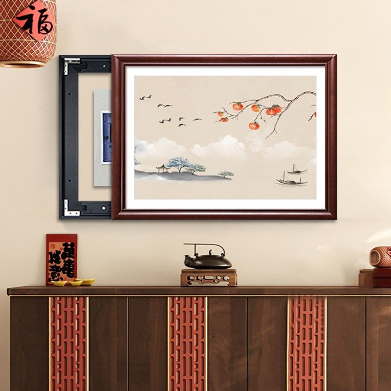 齐白石荷花国画家用电表箱遮盖装饰画餐厅电闸配电箱遮挡挂画实木