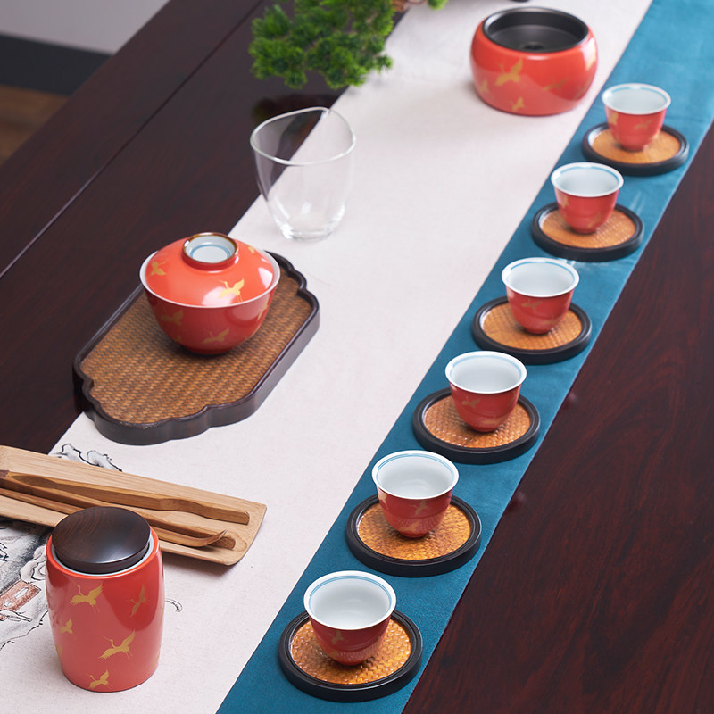 汉唐圆形方形席纹杯托盘茶托防滑茶杯座底杯托套防烫杯拖垫重竹