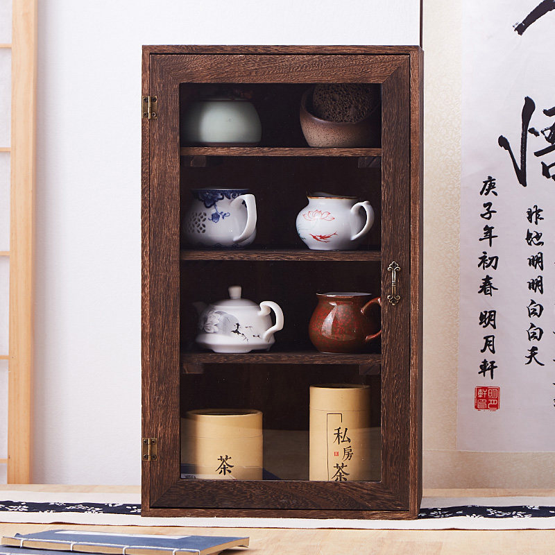 实木茶杯博古架防尘玻璃展示茶柜茶壶茶具四层化妆品收纳柜置物架
