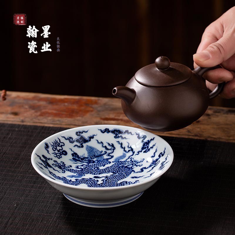 景德镇陶瓷仿古泥青花龙纹壶承家用单个干泡台盖碗托茶盘干果盘