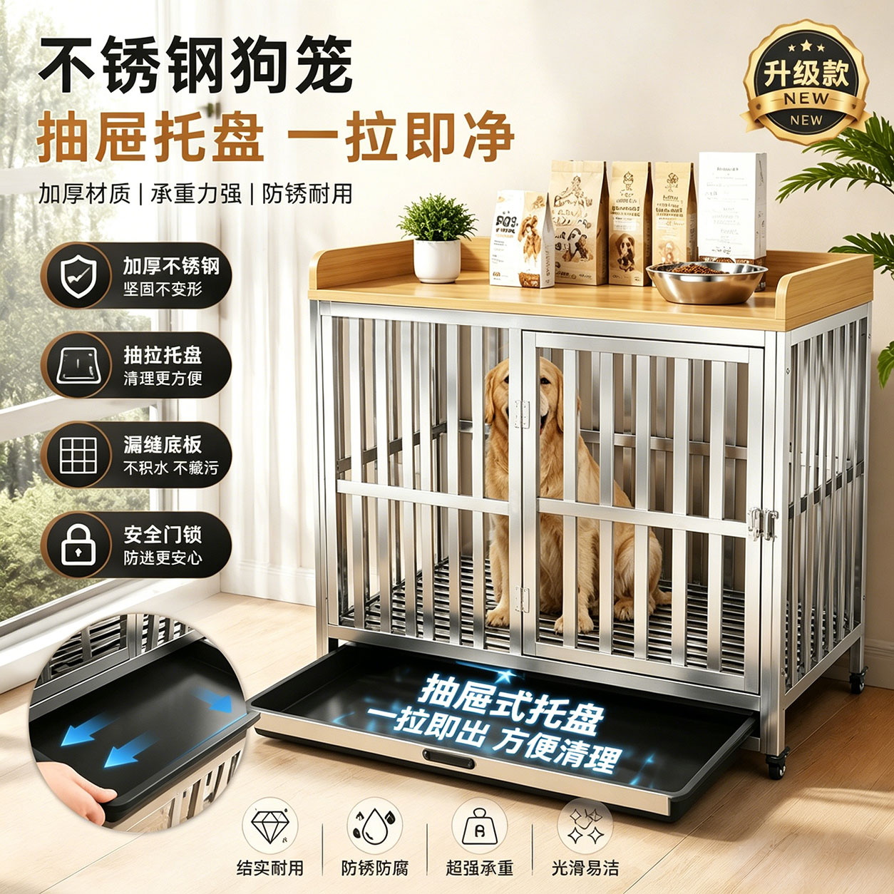 不锈钢狗笼室内可拆装托盘易清图片