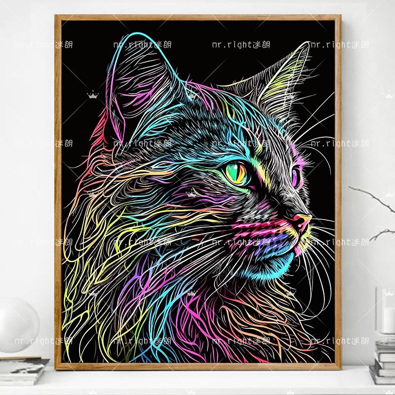彩色猫画画diy数字油画填充填色抽象手工手绘解压解闷丙烯油彩画