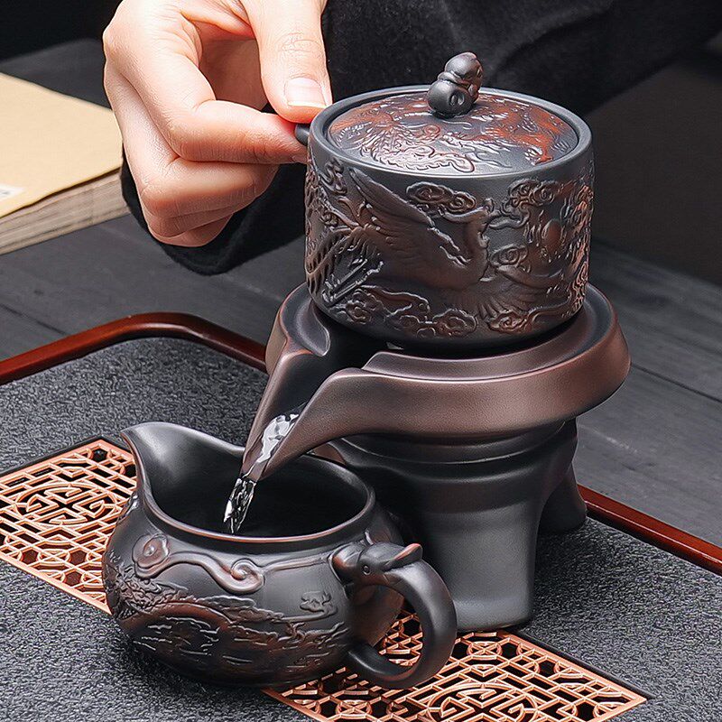 紫陶龙凤功夫茶具套装手工浮雕自动茶壶茶杯复古石磨懒人泡茶神器