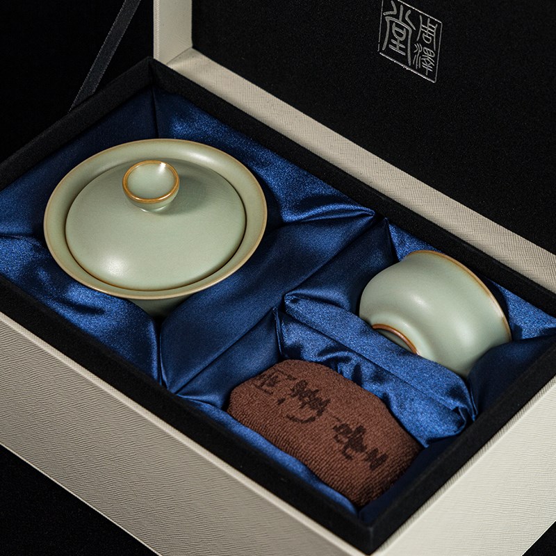 汝窑茶具套装盖碗家用礼盒装中式景德镇陶瓷手工功夫茶具开片青瓷