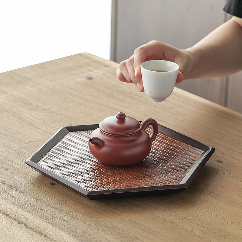 手工藤编重竹壶承干泡台家用小型茶具托盘中式复古六角茶台茶托盘