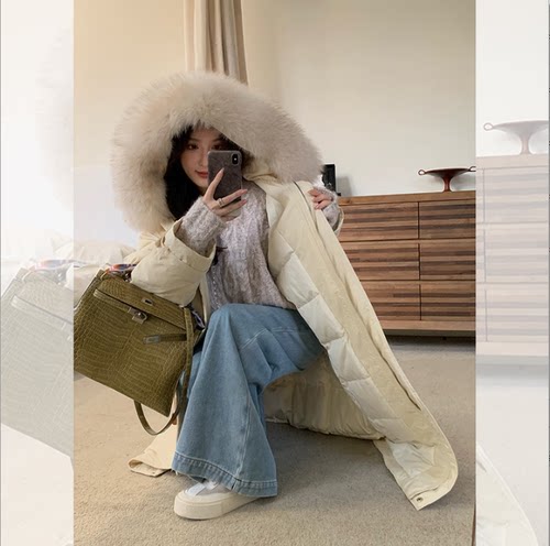 重磅防风保暖超大狐狸毛领连帽长款羽绒服QW234044