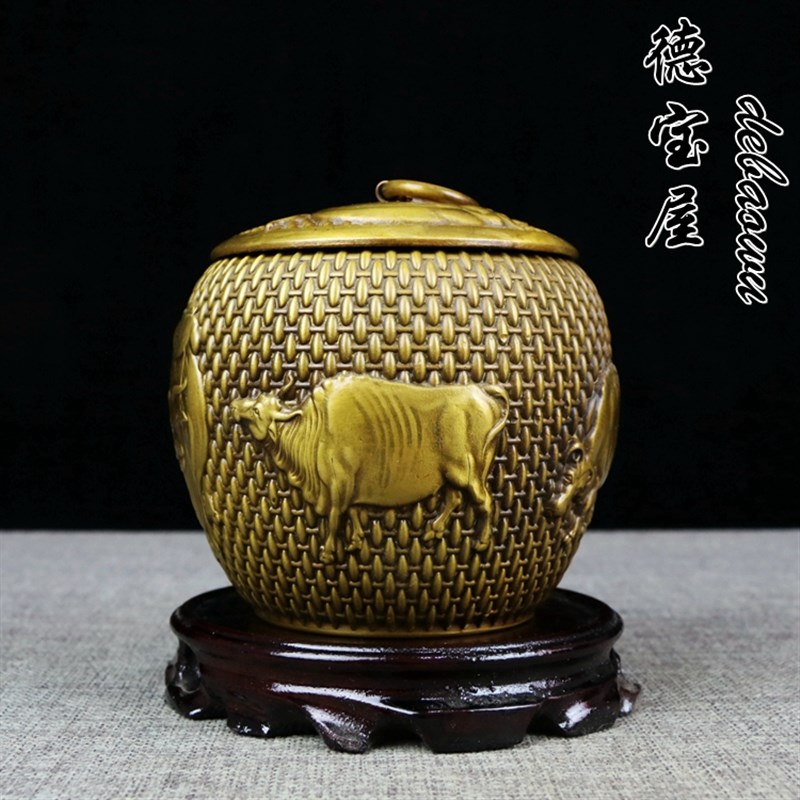 纯铜五牛茶叶罐密封罐小号金属存茶盒普洱醒茶储存罐子送礼摆放