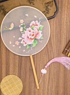 古风兰花蓝色团扇双面刺