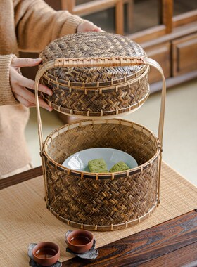 手工老式竹编篮子收纳筐古风小提篮紫竹茶具篮竹筐零食水果收纳筐