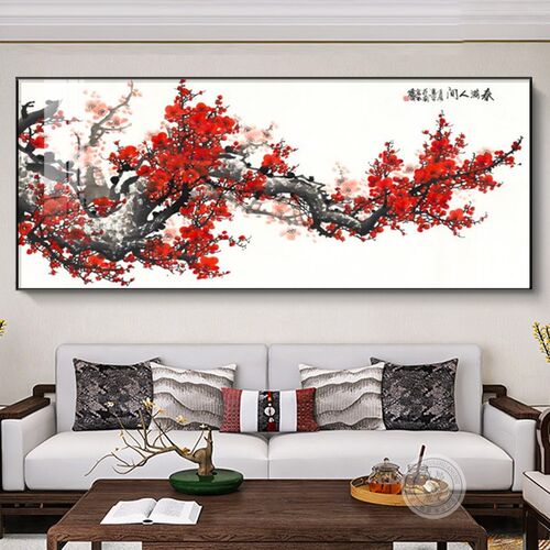 梅花挂画客厅沙发背景墙装饰画新中式高档大尺寸横幅梅开五福壁画