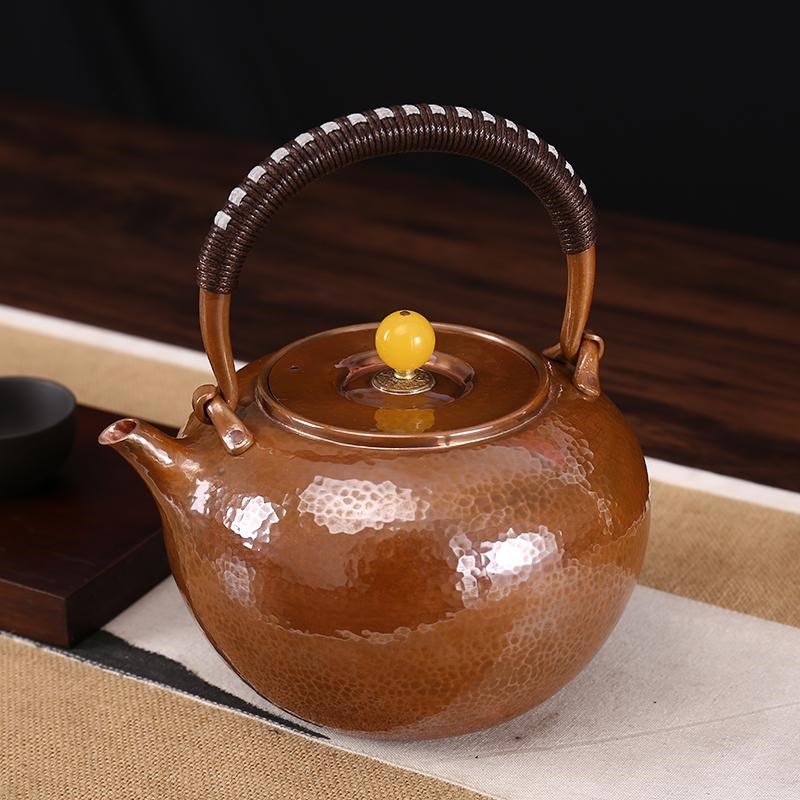 纯手工一张打手盘包浆色纯铜茶壶口打出紫铜烧水壶锤纹锻打红铜壶