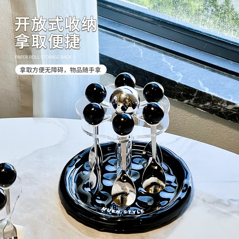 尊慕斯水果叉勺架家用创意陶瓷餐具圆球不锈钢咖啡勺子旋转收纳架