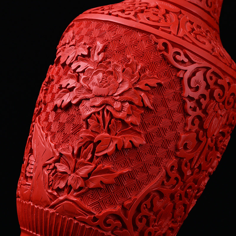 包邮中国扬州12寸漆器剔红雕漆花瓶博古架装饰品特色脱胎摆件礼品