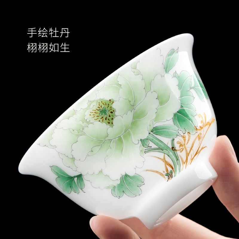 妙莲天香高档冰种玉瓷手绘牡丹三才盖碗单个高档陶瓷茶具茶杯茶碗