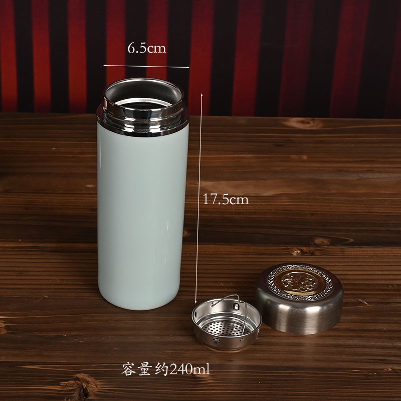 精品青瓷车载保温杯女不锈钢内胆 带茶漏网 陶瓷办公保温茶杯小号