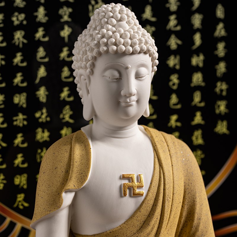 陶瓷释迦牟尼佛佛像客厅供奉释迦摩尼佛坐像艺术品三圣佛摆件灯圈