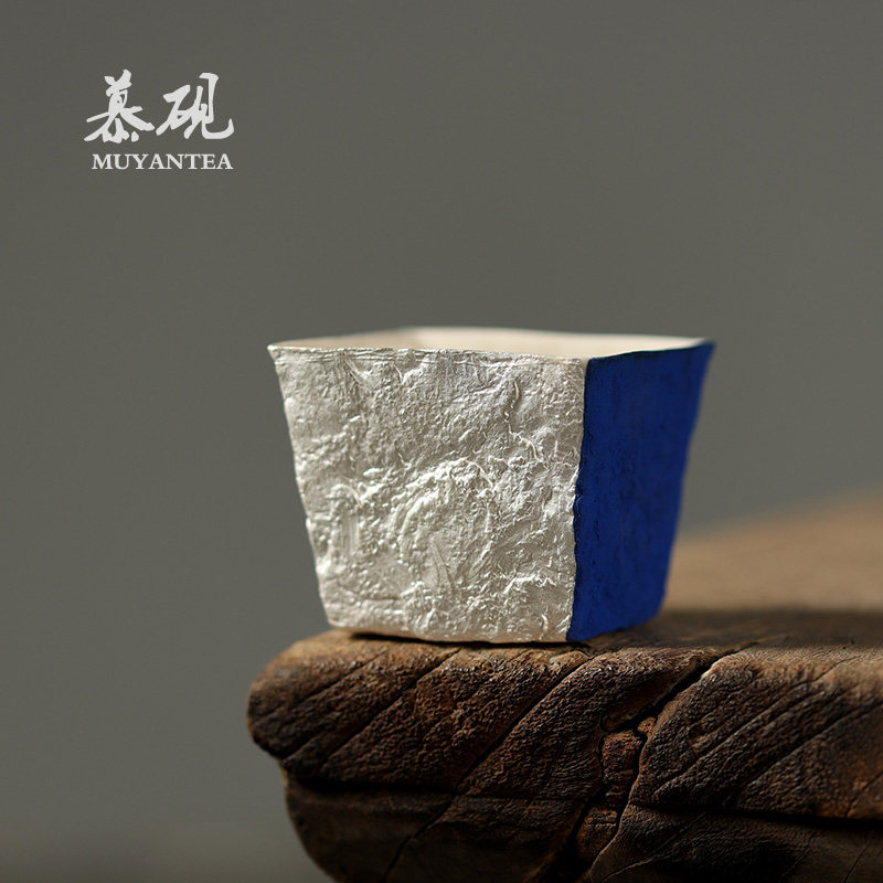 慕砚手作薄胎方杯日式侘寂风鎏银鎏金主人茶杯创意陶瓷品茗杯茶碗