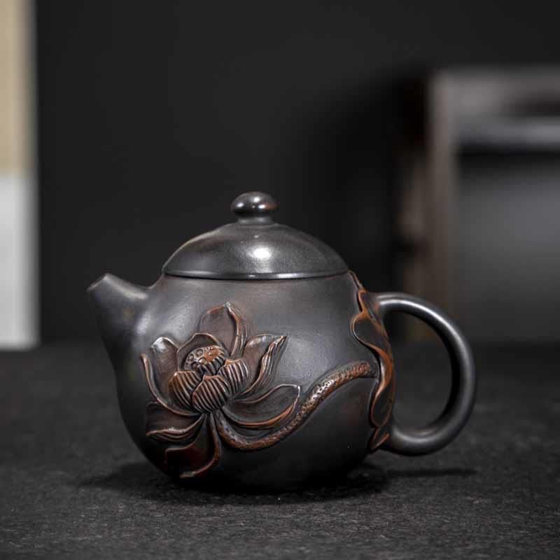 紫陶小龙蛋浮雕壶(135cc)手工雕刻茶壶堆雕紫砂壶手作深雕陶制