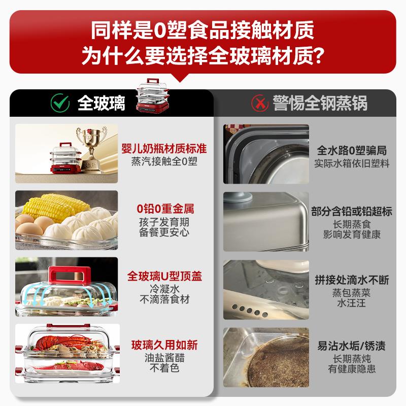 大宇万食玻璃电蒸锅多功能家用三层蒸煮一体锅家用可拆洗蒸汽锅