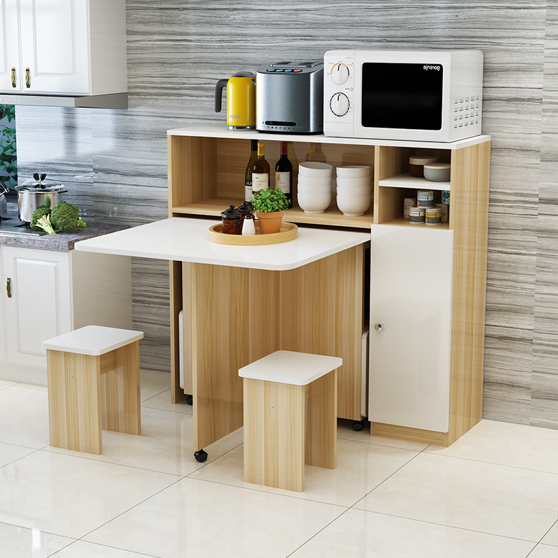 折叠餐桌家用小户型实木多层板餐桌边柜组合简约多功能伸缩吃饭桌
