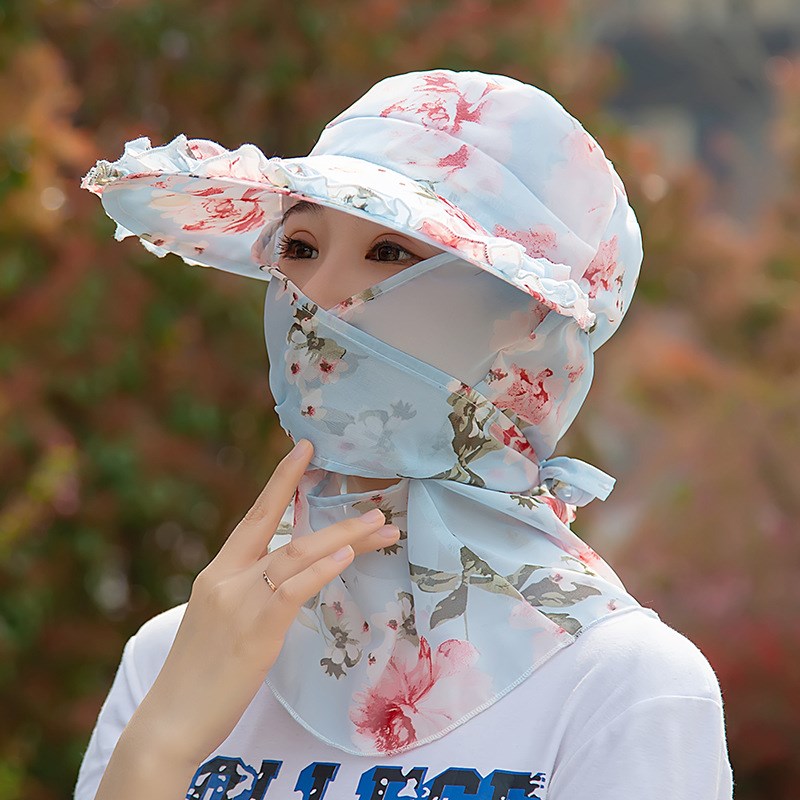 新款采茶帽木耳花边防晒帽子下地干活护脸护颈男女骑车防风遮阳帽图片