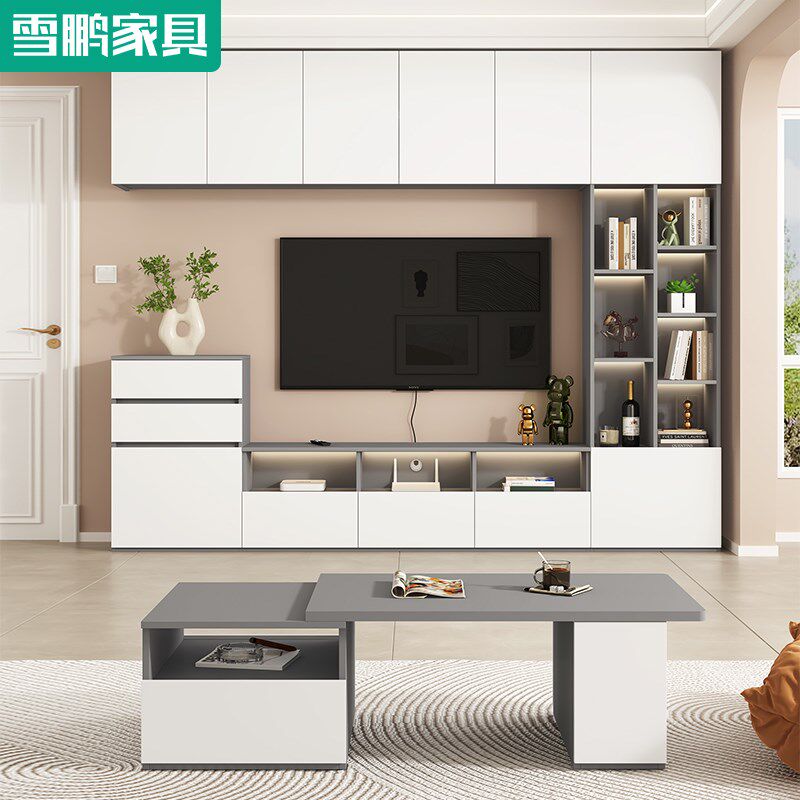简约组合电视柜客厅家用书柜一体背景墙柜可定制吊柜收纳柜6D95