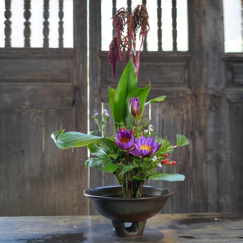 中式仿柴烧陶瓷花盆 文人插花器皿 花道禅意桌面花器