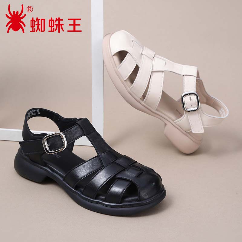 蜘蛛王女罗马凉鞋夏季包头镂空真皮低跟舒适百搭休闲鞋