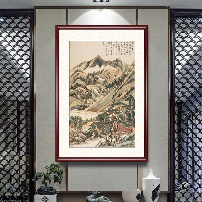 入户玄关装饰画工笔山水画客厅背景墙挂画走廊过道尽头壁画新古典
